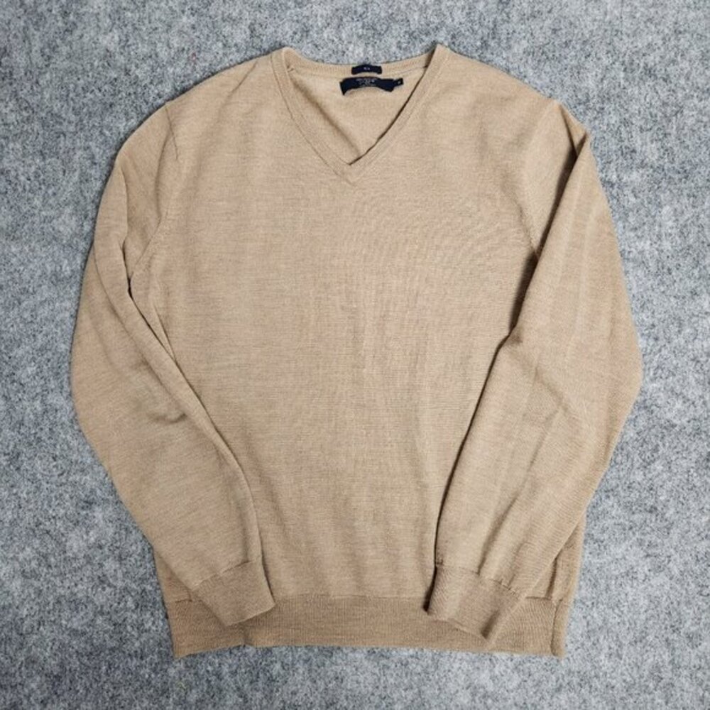 J Crew Sweater Men XL 100 Merino‎ Wool Slim Brown V Neck Long Sleeve 03795